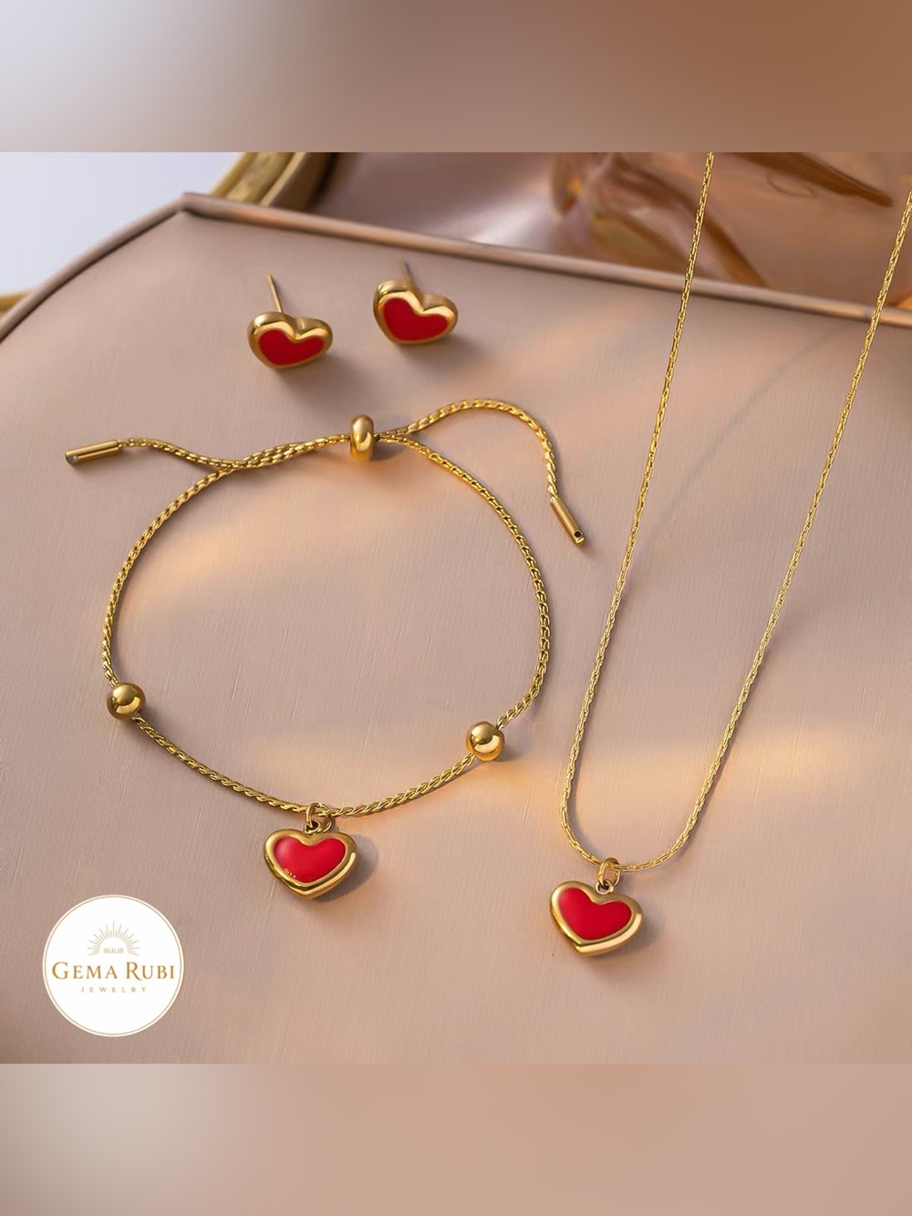 Gold-Tone Red Heart Necklace, Earrings & Bracelet Set by